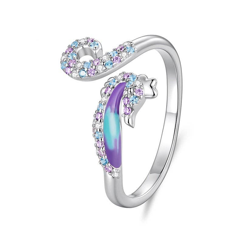 Multi-Color Painted Seahorse Open Ring in Solid Copper