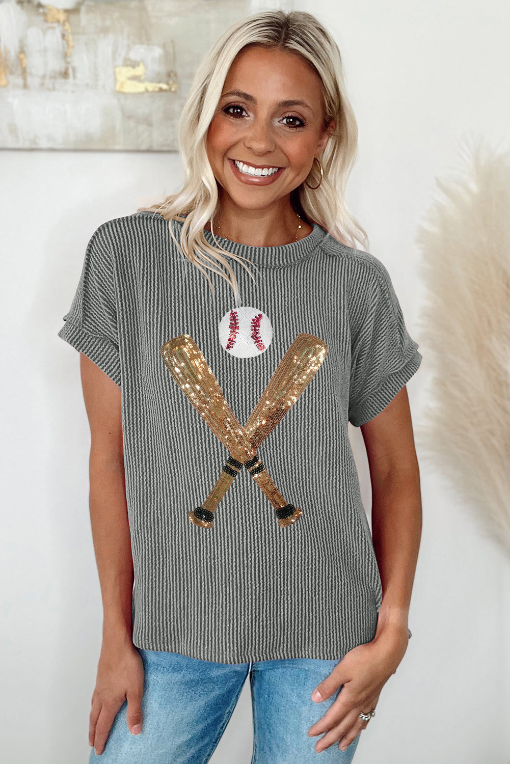 Grey Sequin Baseball Pattern Corded Crewneck T Shirt