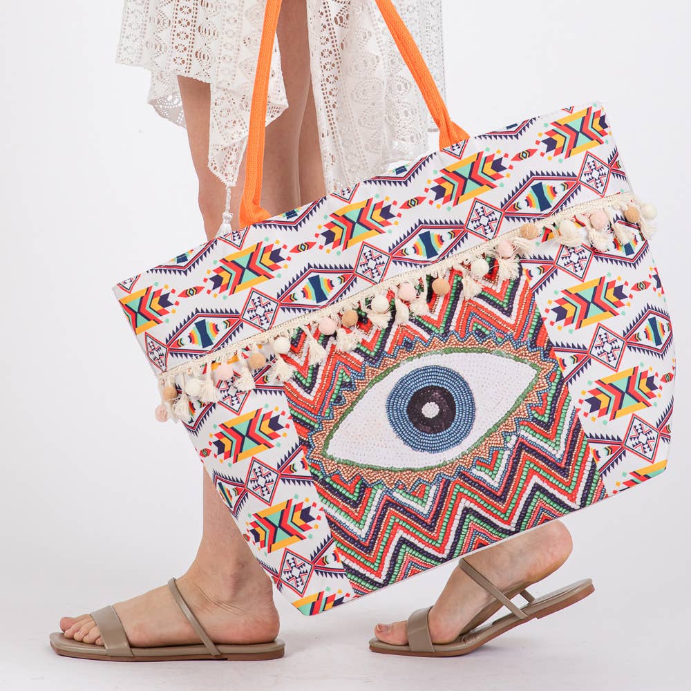Evil Eye Boho Print Pom Pom fringe Tote Bag