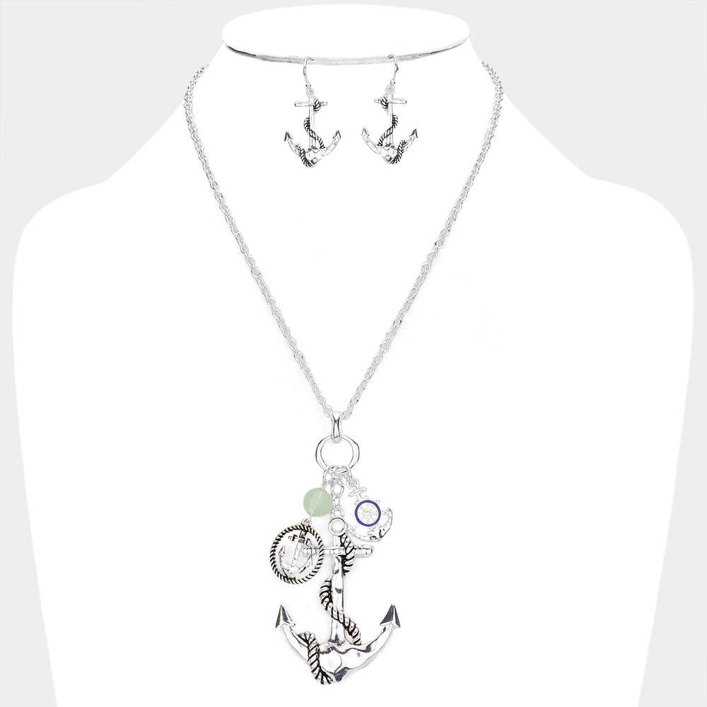 Enamel Ship Heel Detailed Metal Anchor Pendant Necklace