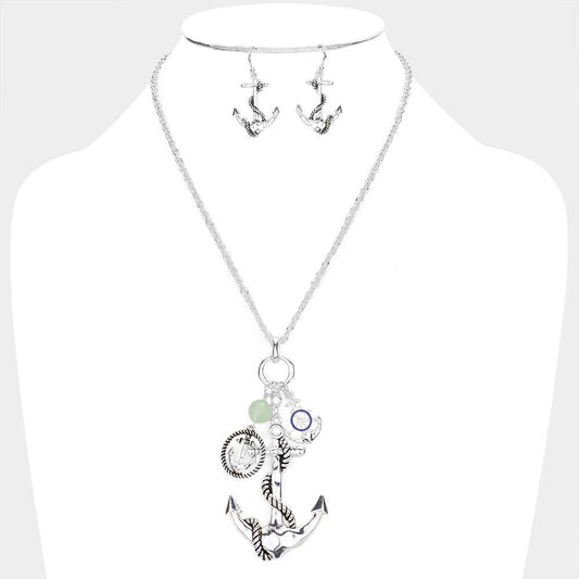 Enamel Ship Heel Detailed Metal Anchor Pendant Necklace