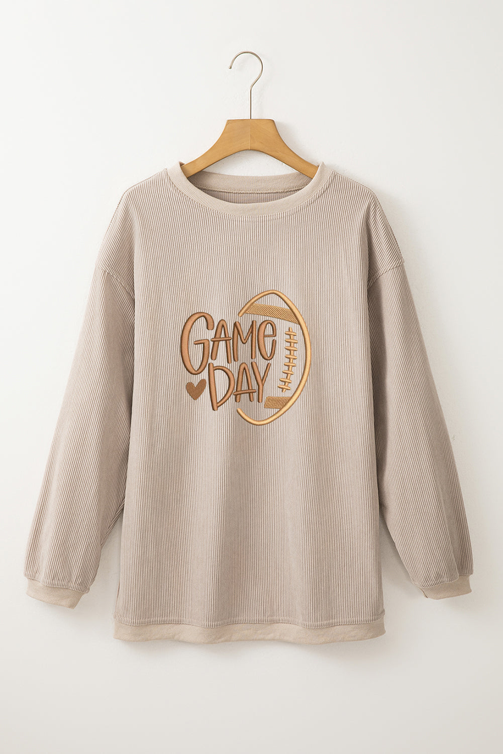 Tan Twisted Rib Texture Game Day Football Embroidered Baggy Sweatshirt