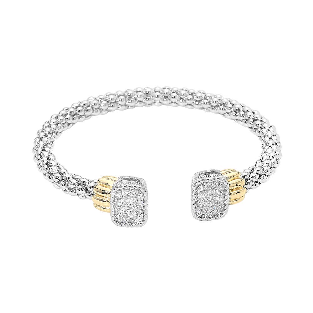 14K Gold Plated Two Tone Pave Rectangle Top Braided Cuff Bracelet