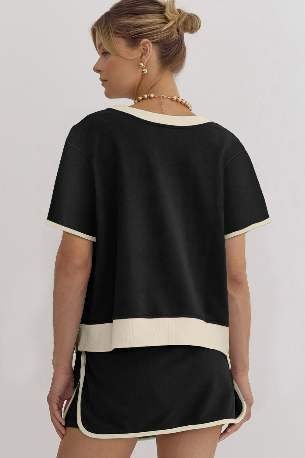 Black Sequin Football Bow Patched Colorblock Edge Tee and Skort Set