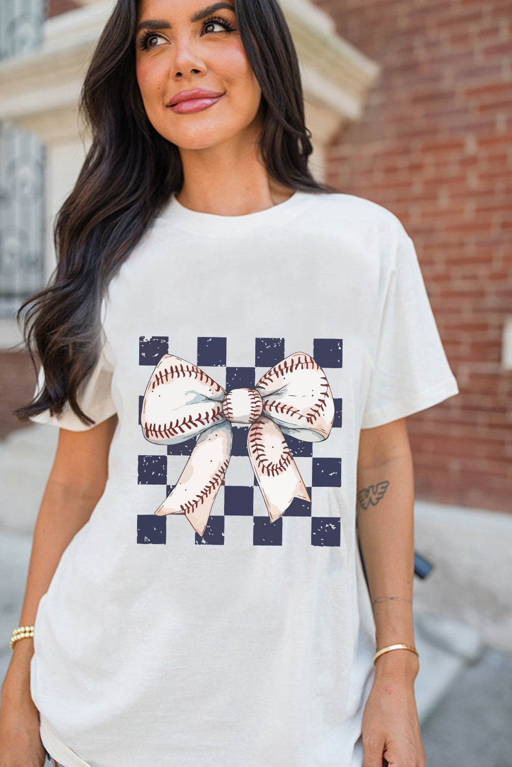 White Checkered Baseball Bowknot Graphic Crew T Shirt