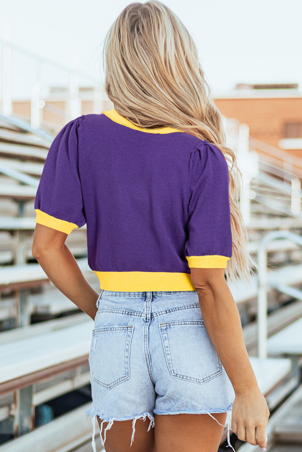 Purple Sequin Football Color Block Puff Short Sleeve Sweater