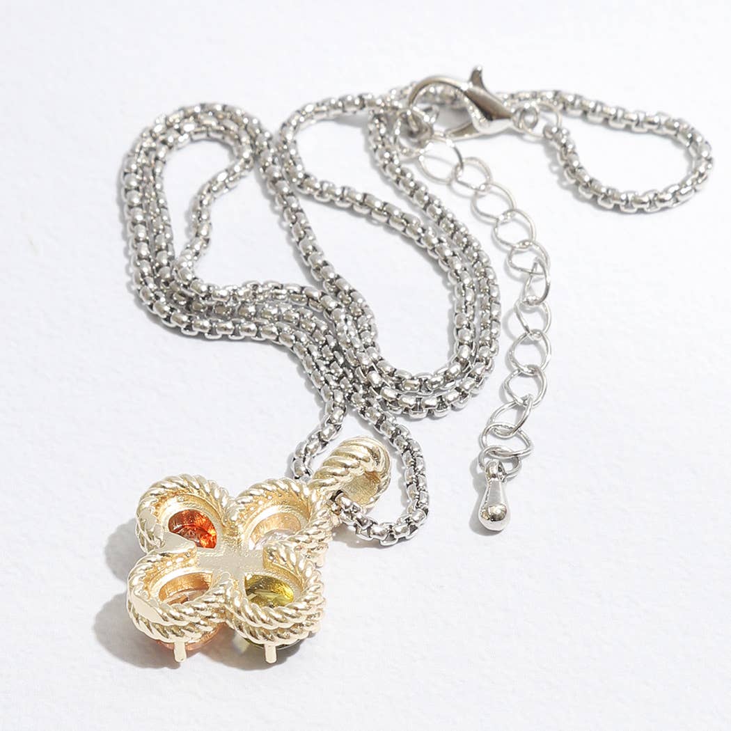 Gold Tone Clover Colored Rhinestone Necklace