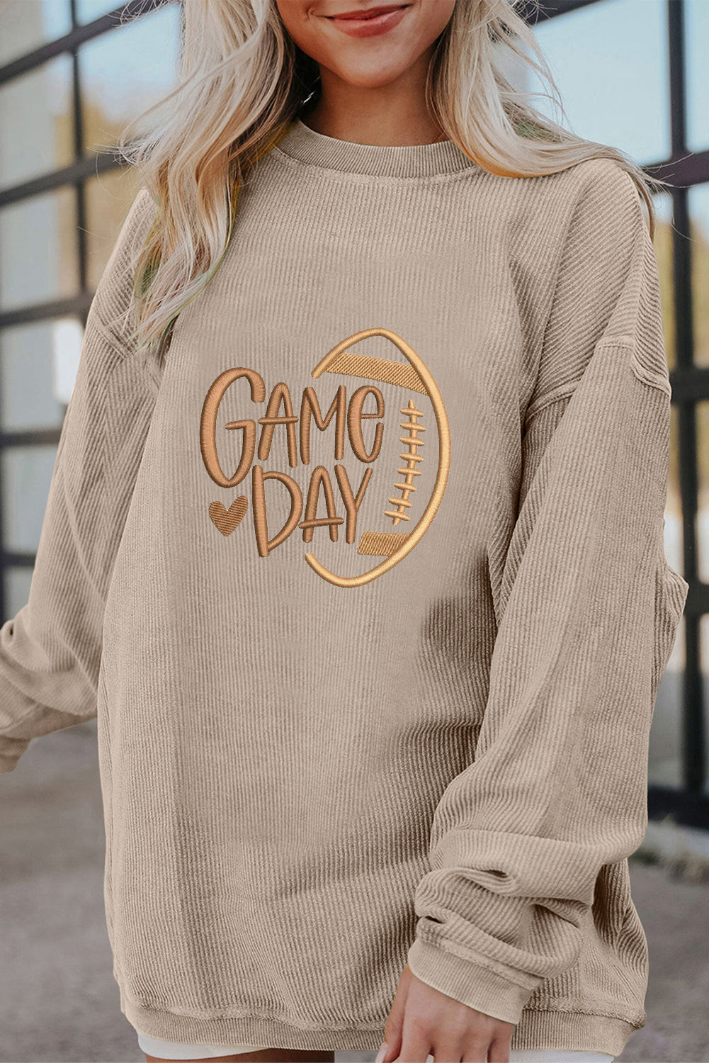 Tan Twisted Rib Texture Game Day Football Embroidered Baggy Sweatshirt