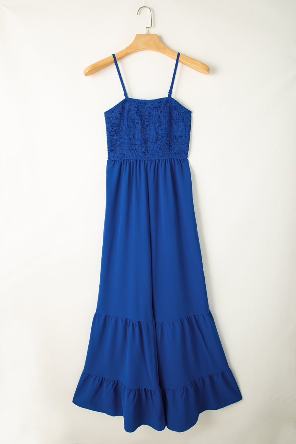 Royal Blue Spaghetti Straps Smocked Ruffled Wide Leg Jumpsuit