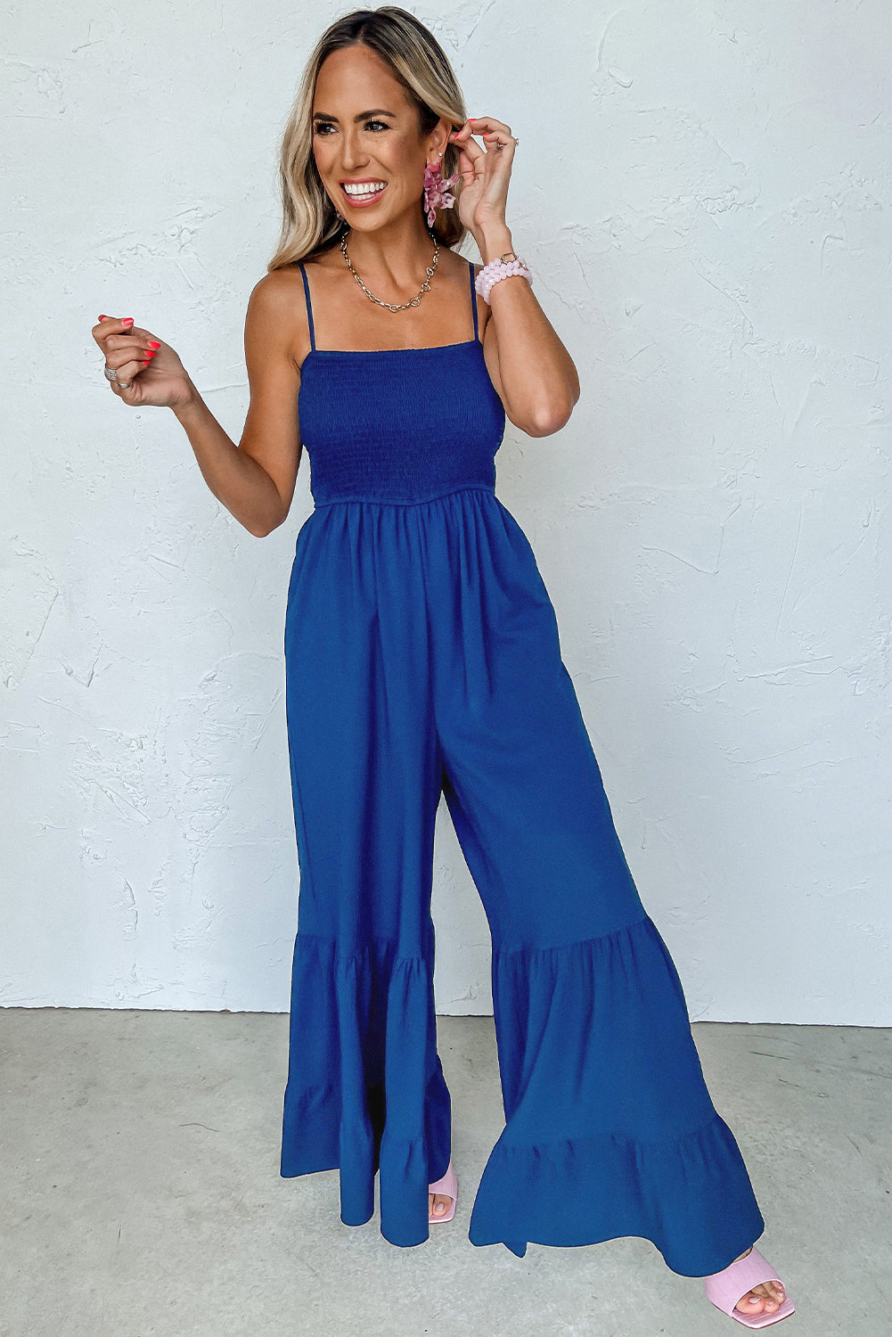 Royal Blue Spaghetti Straps Smocked Ruffled Wide Leg Jumpsuit
