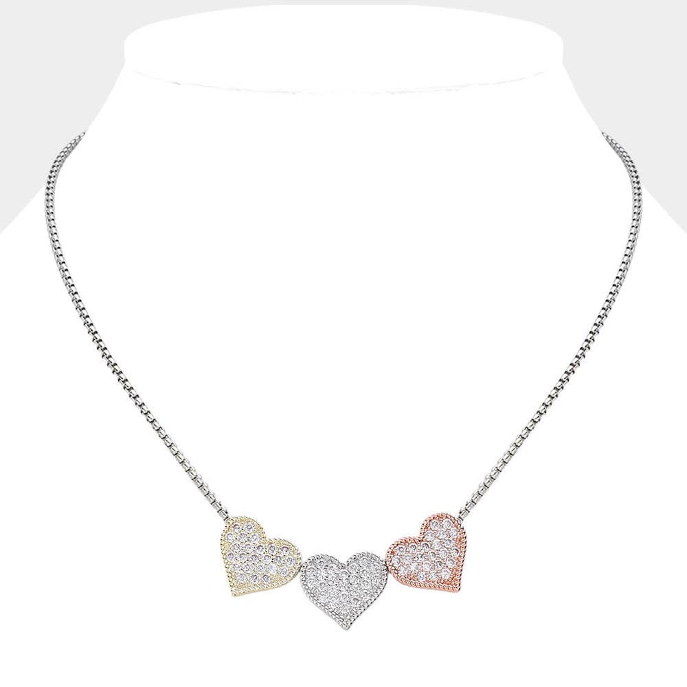 14K Gold Plated Stone Paved Triple Heart Pendant Necklace