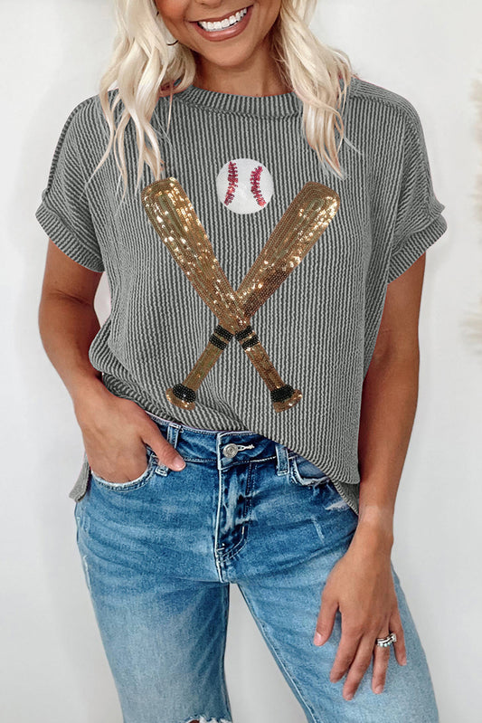 Grey Sequin Baseball Pattern Corded Crewneck T Shirt