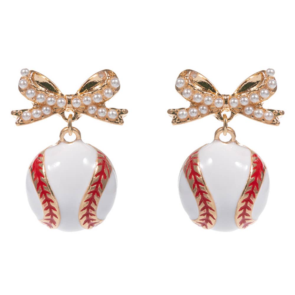 Pearl Bow Baseball Drop Dangle Earrings