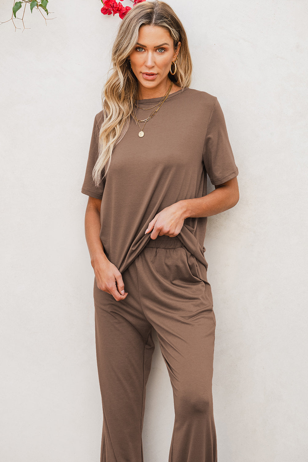 Coffee Brown Solid Color T Shirt 2pcs Wide Leg Pants Set