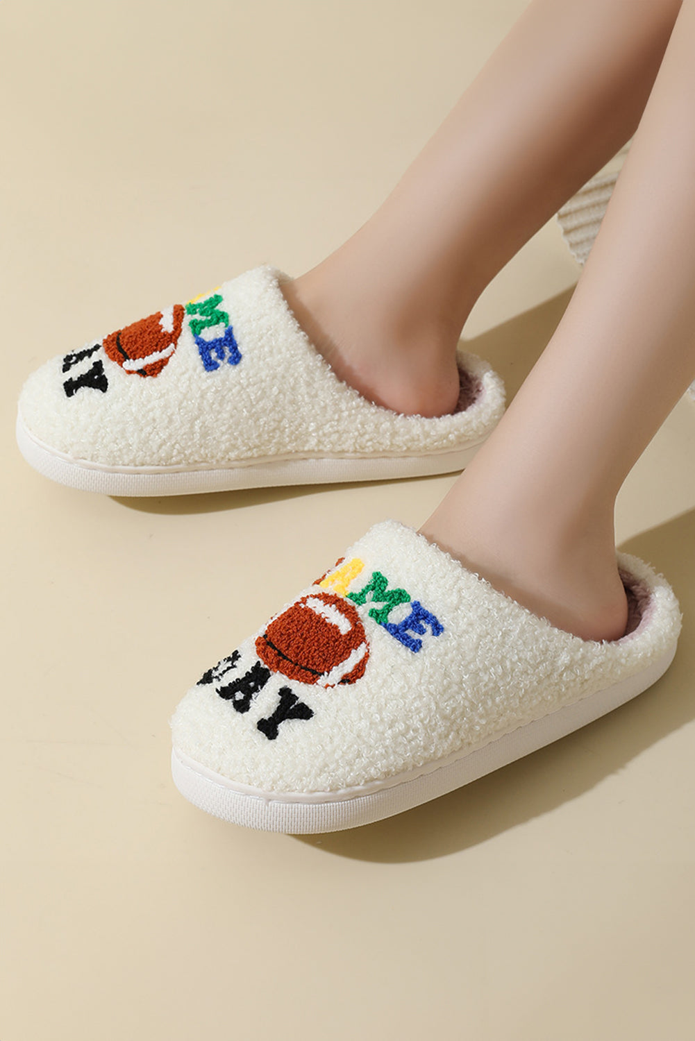 White GAME DAY Football Plush Slippers