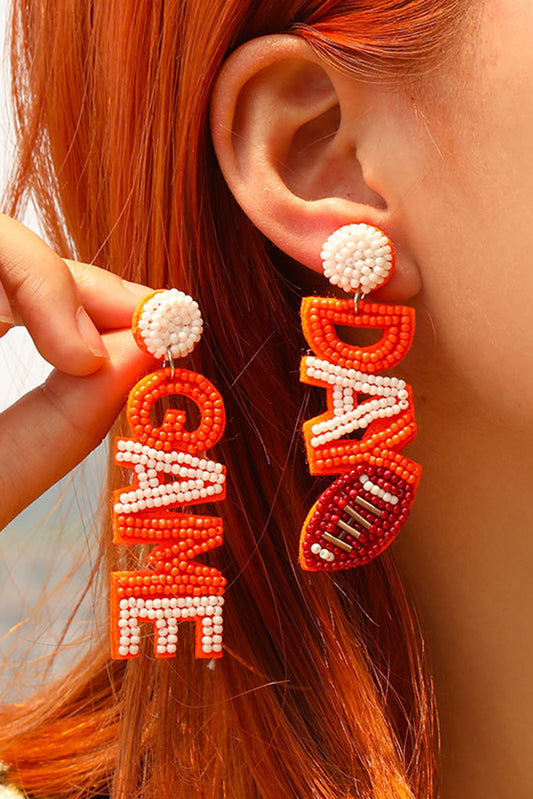 Orange GAME DAY Football Rice Bead Dangle Stud Earrings