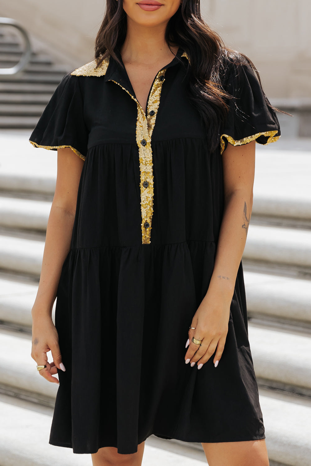 Black Sequin Trim Bubble Sleeve Shirt Dress