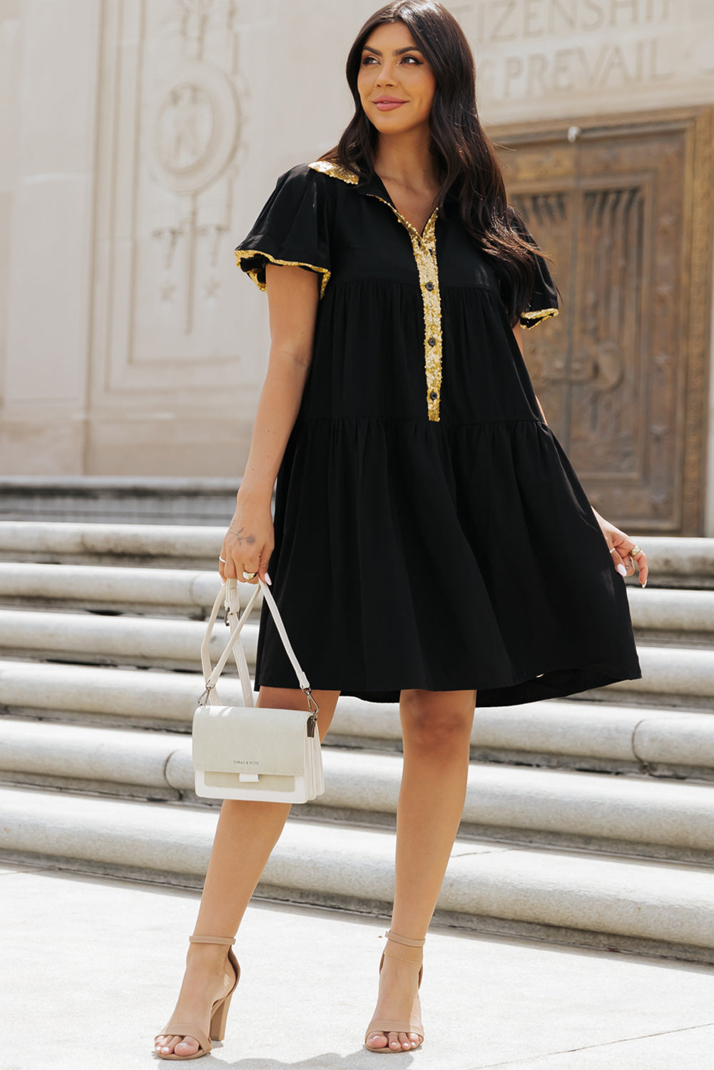 Black Sequin Trim Bubble Sleeve Shirt Dress