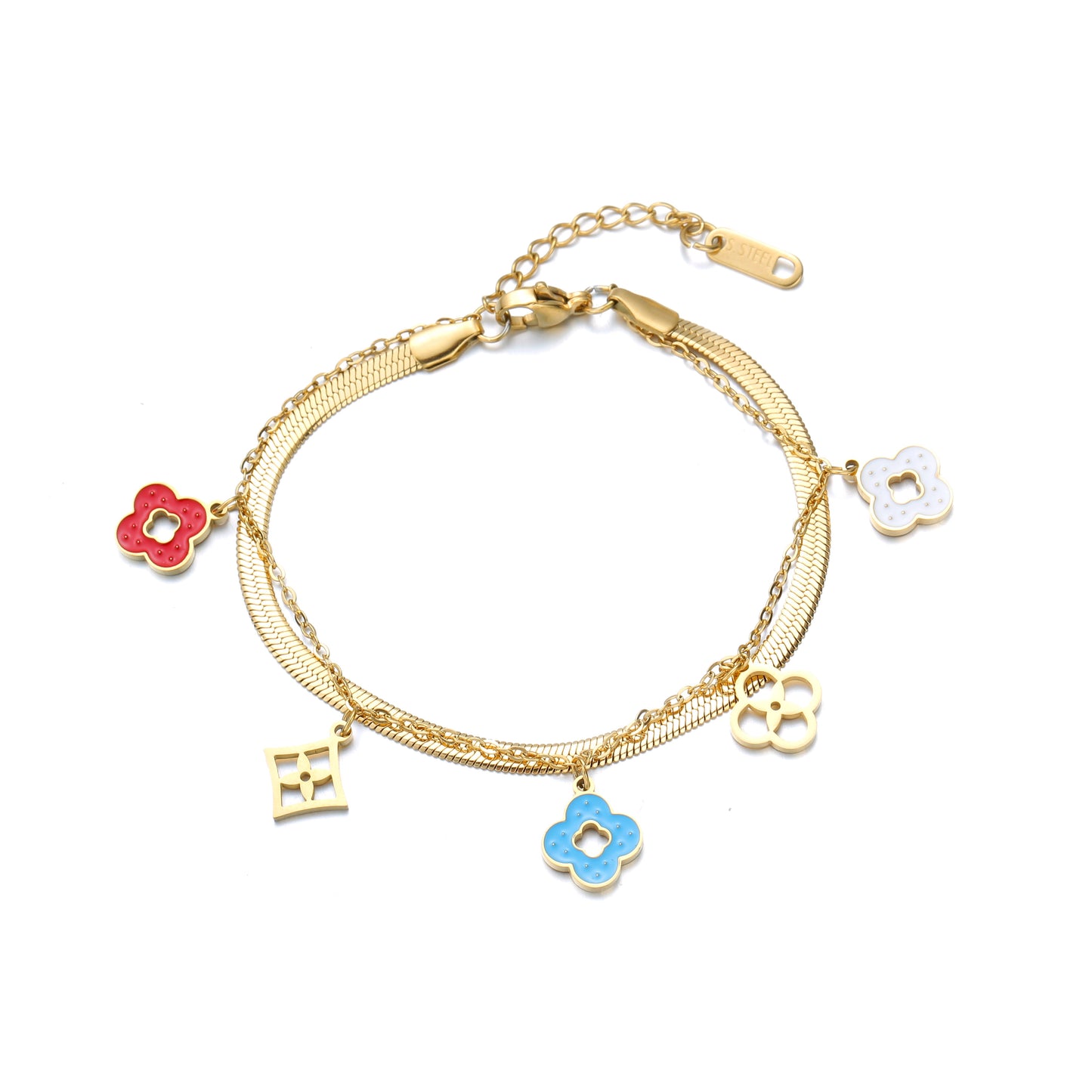 Radiant Luxe Colorful Clover Motif Charm Bracelet