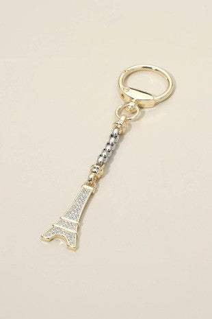 14k Gold Stone Paved Eiffel Tower Keychain/Bag Charm