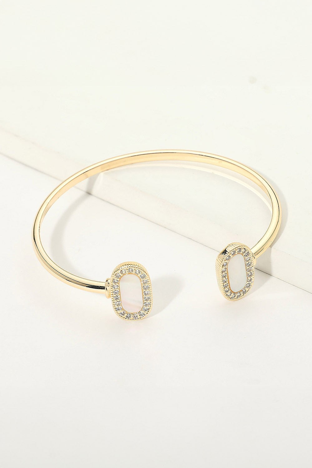 14k Gold Pave Rim Mother Of Pearl Oval Tip Cuff Bracelet