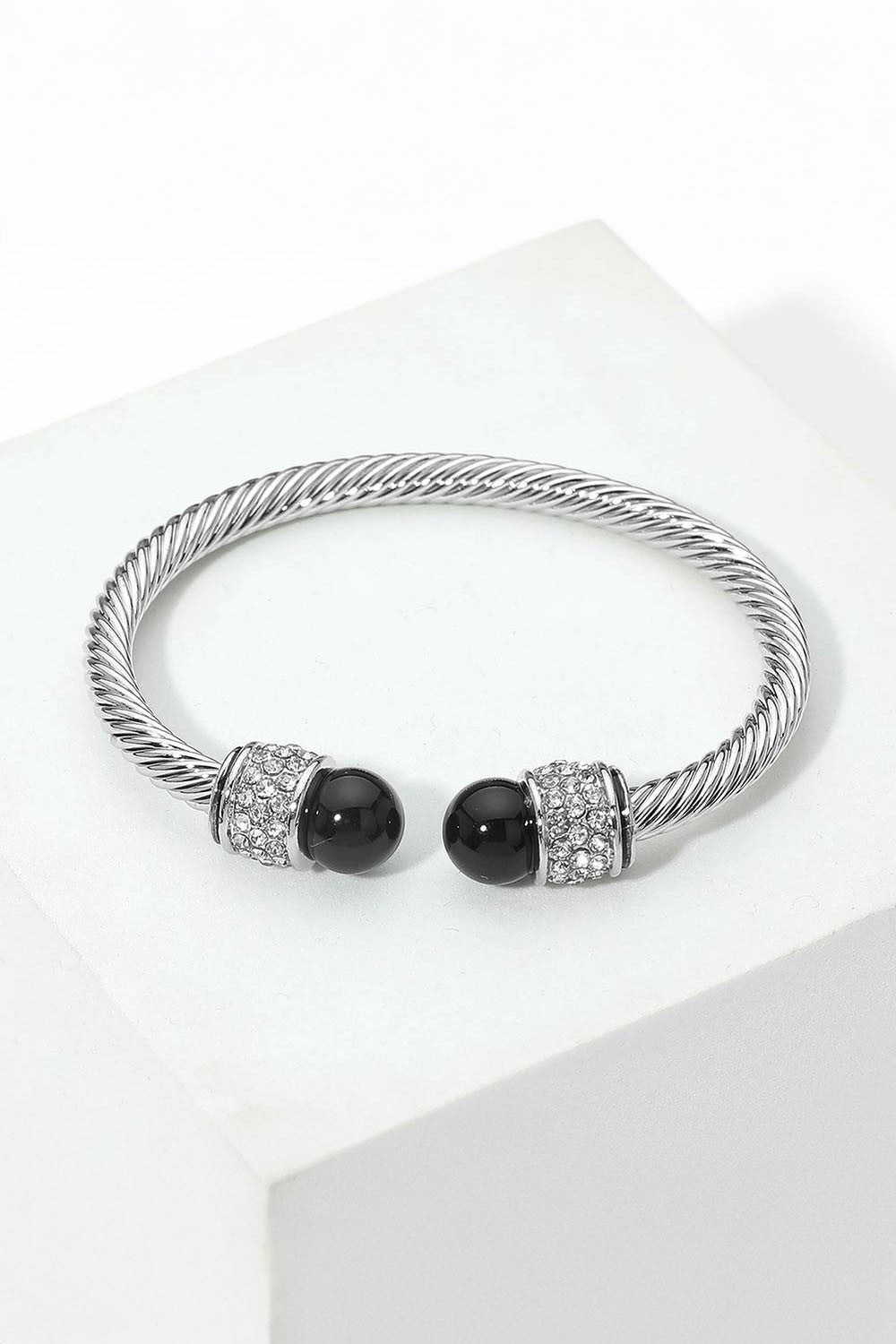 Rhinestone Pave Round Ball Tip Twisted Cable Cuff Bracelet