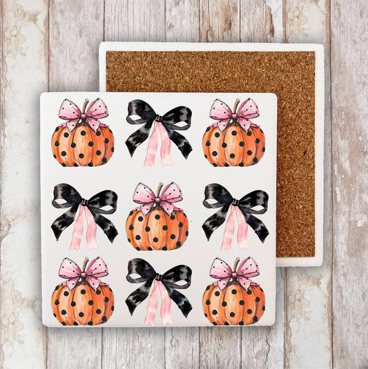 Halloween Pumpkins and Bows Stone Coasters-Set of 4