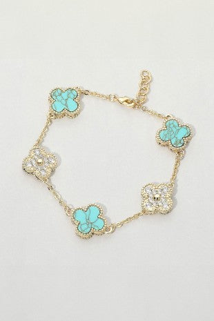Stone Paved Natural Stone Quatrefoil Link Bracelet