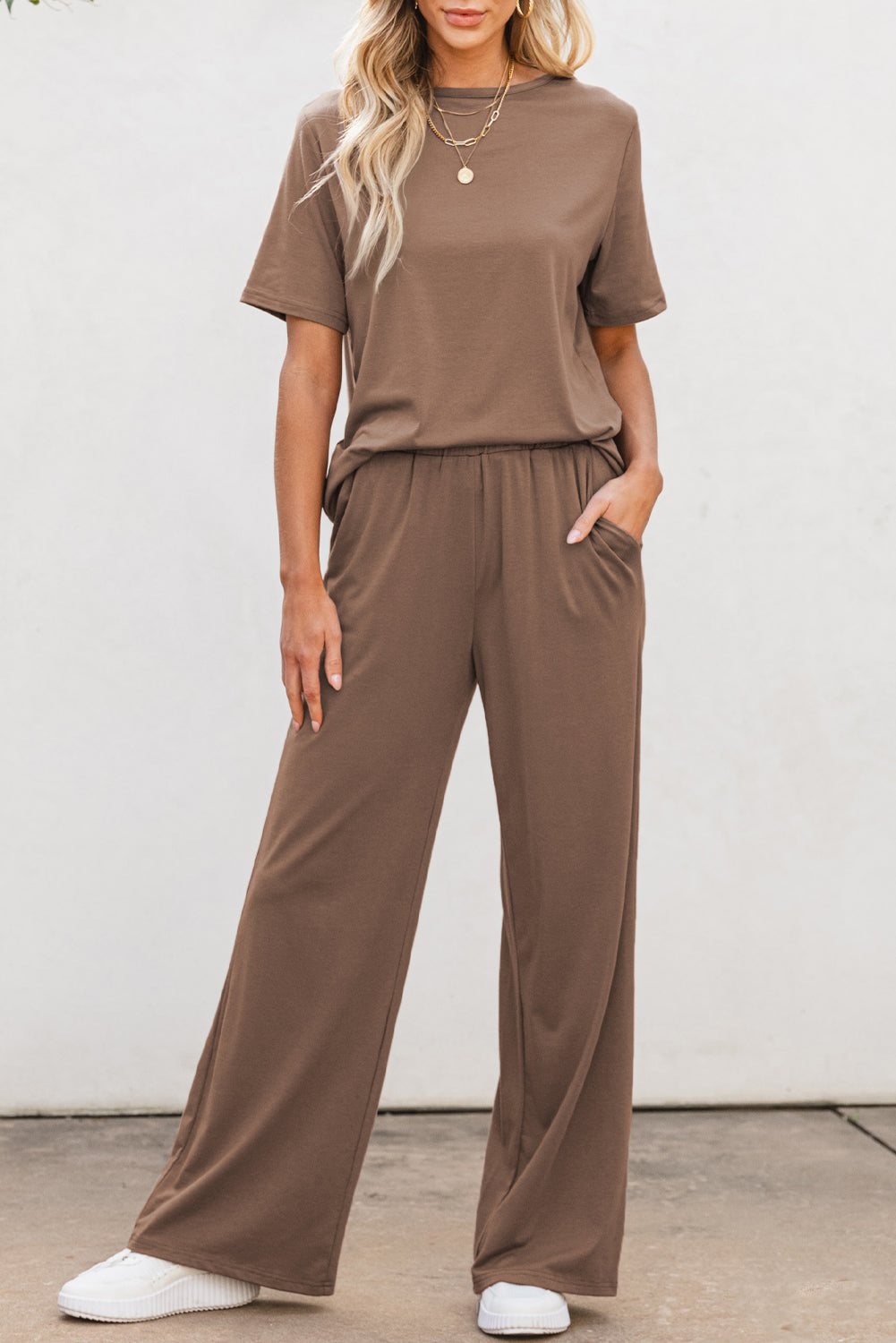 Coffee Brown Solid Color T Shirt 2pcs Wide Leg Pants Set