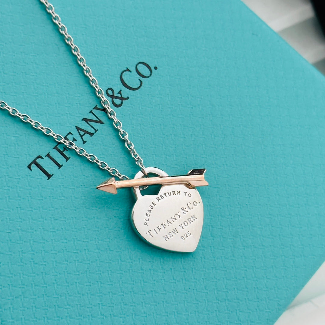 Silver Heart Tag Pendant with Rose Gold Arrow-Necklace