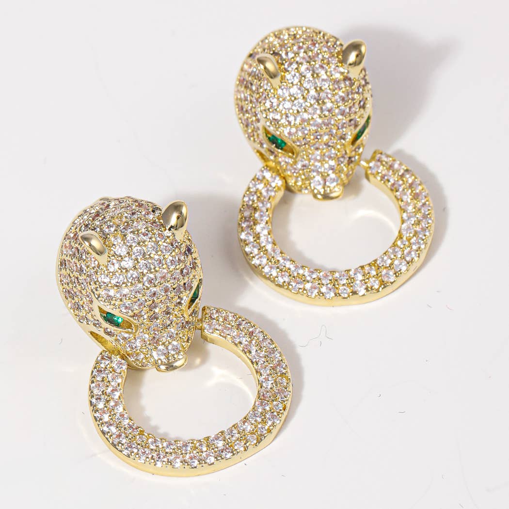 Panther Figure with Ring Pave Post Earrings