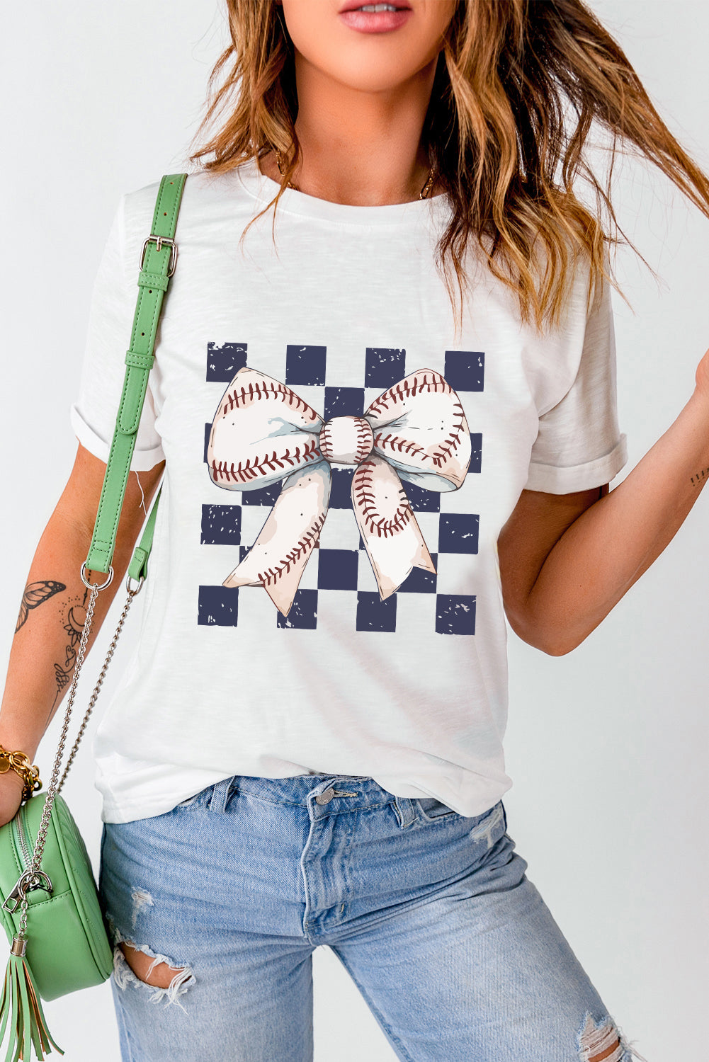 White Checkered Baseball Bowknot Graphic Crew T Shirt