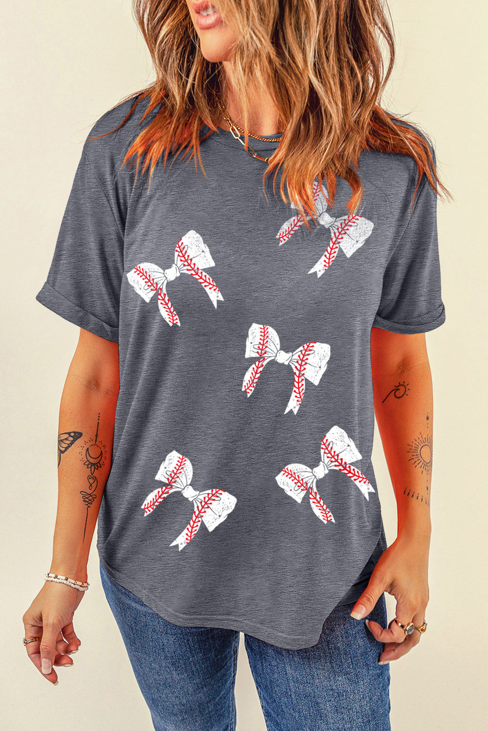 Gray Baseball Bow Knot Print Crewneck Casual T Shirt