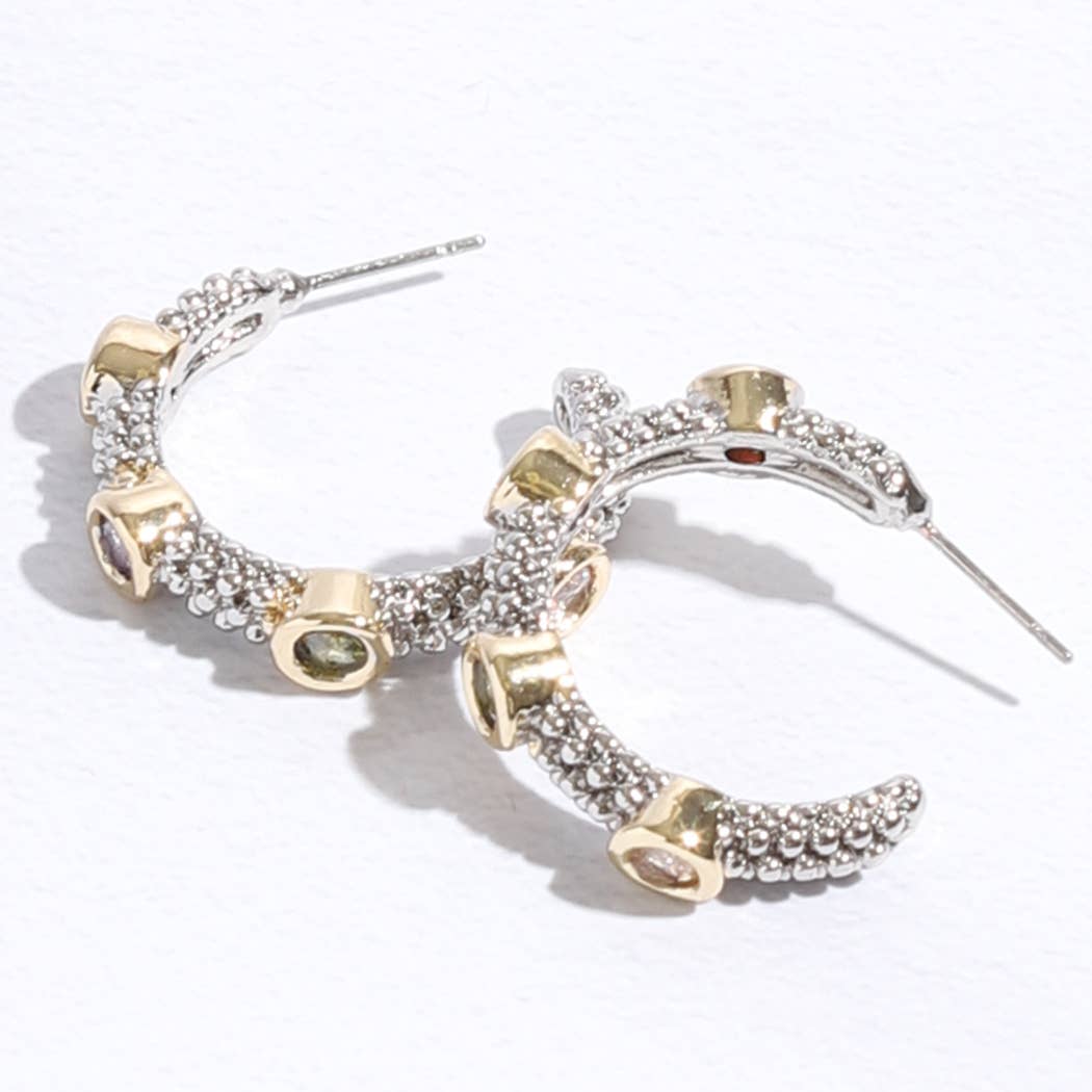 Stones Gold Pointed Silver Hoop Post Earring
