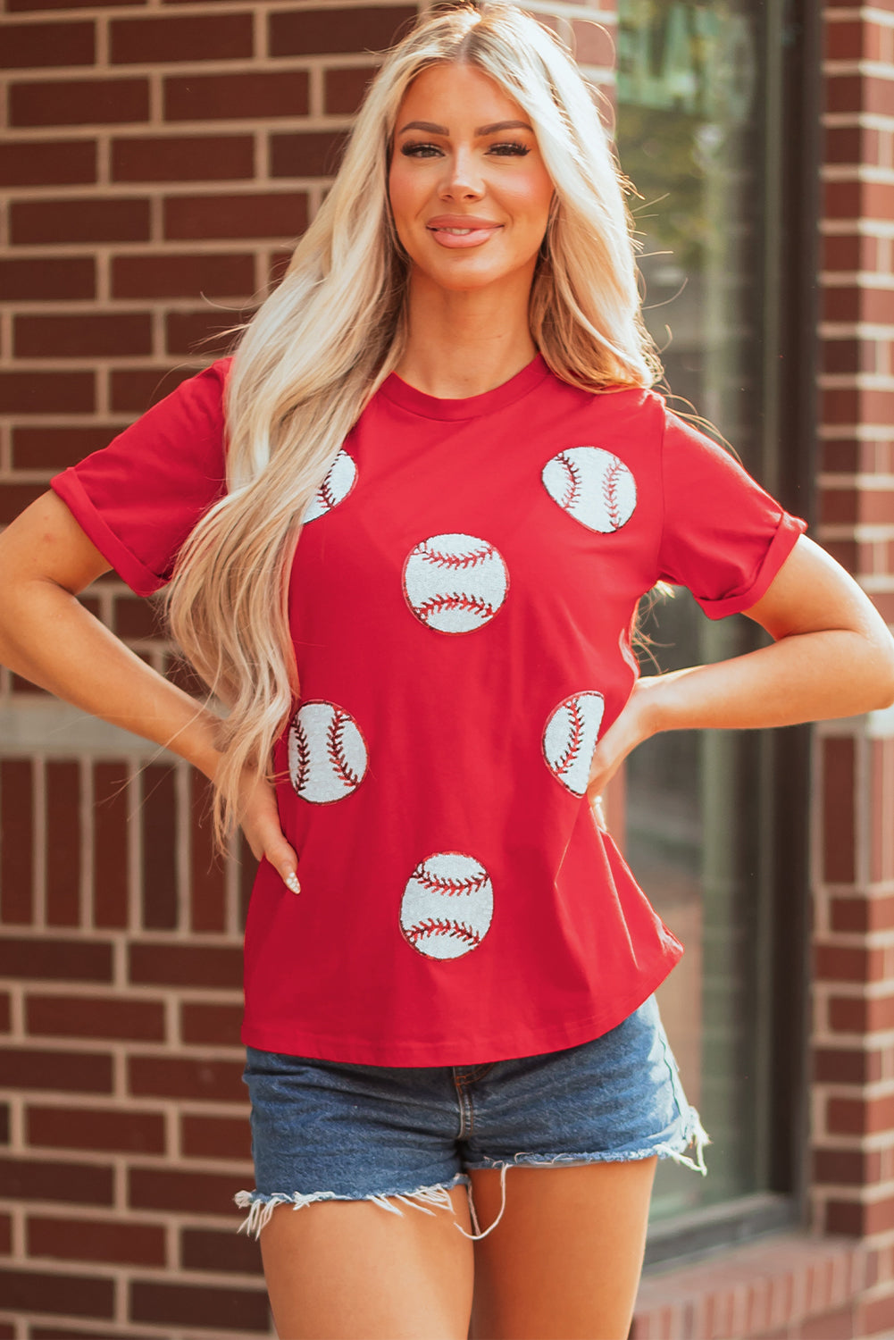 Red Glittering Baseball Pattern Crew Neck Game Day T Shirt