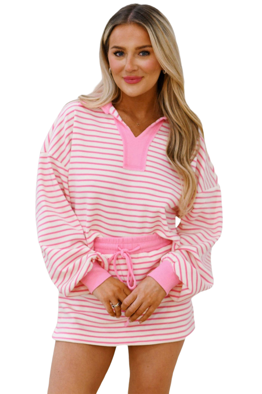 Pink Stripe Collared V Neck Drop Shoulder Pullover and Skort 2pcs Outfit