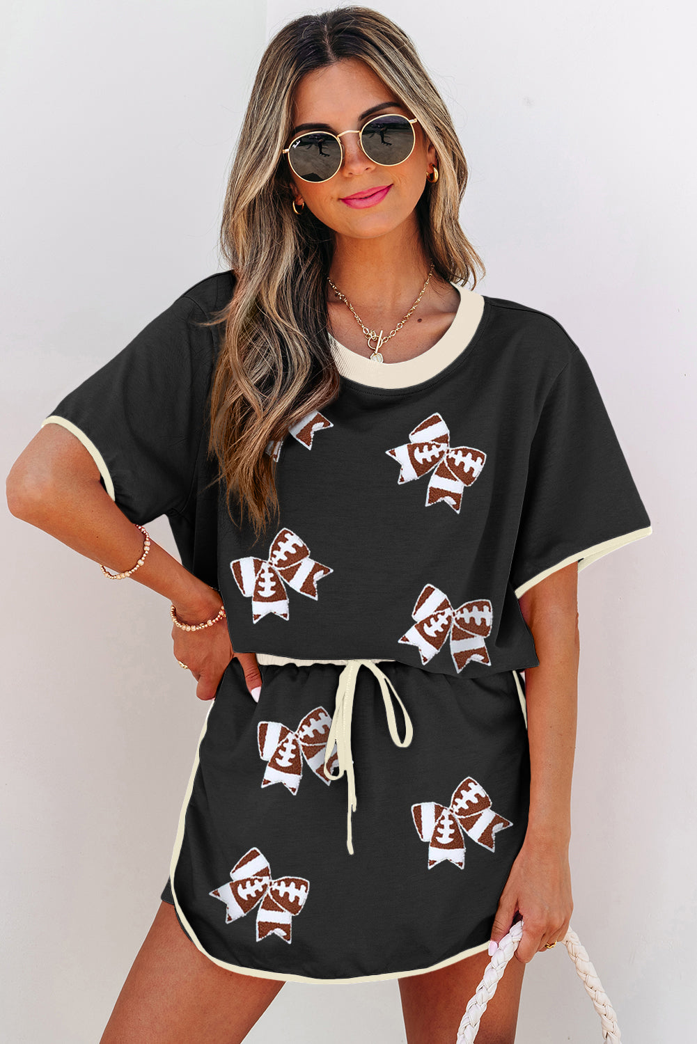 Black Sequin Football Bow Patched Colorblock Edge Tee and Skort Set