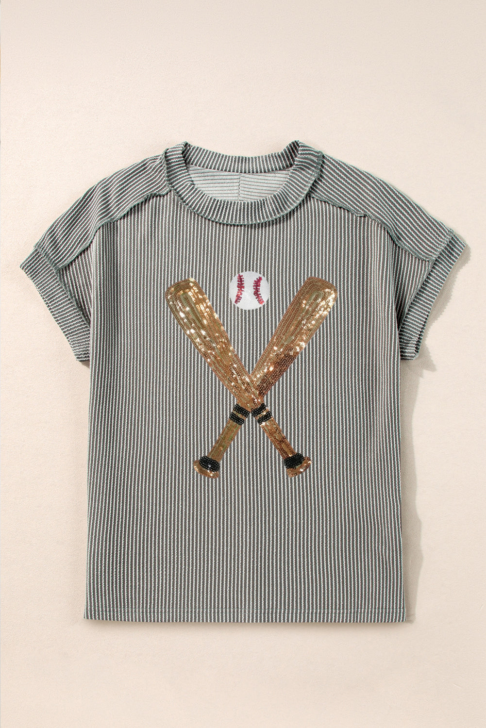 Grey Sequin Baseball Pattern Corded Crewneck T Shirt