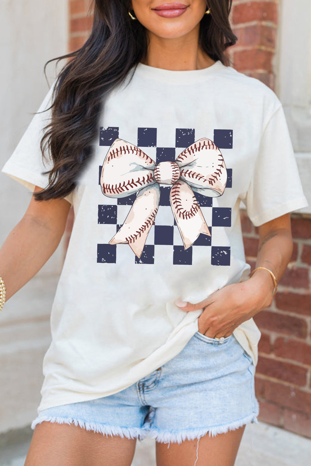 White Checkered Baseball Bowknot Graphic Crew T Shirt