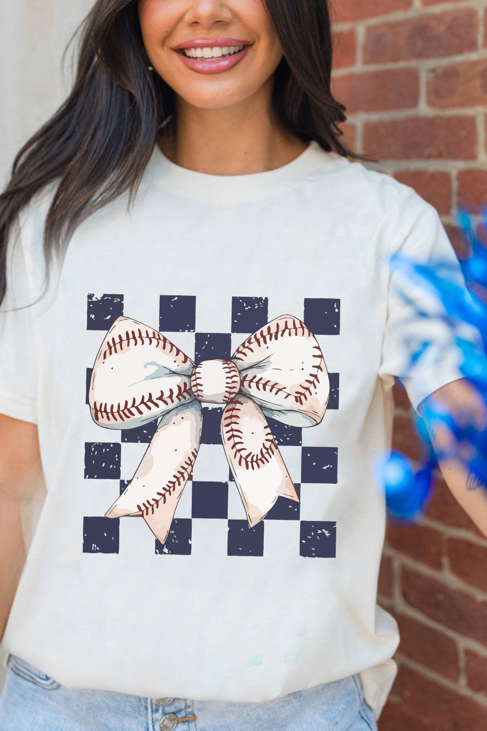 White Checkered Baseball Bowknot Graphic Crew T Shirt