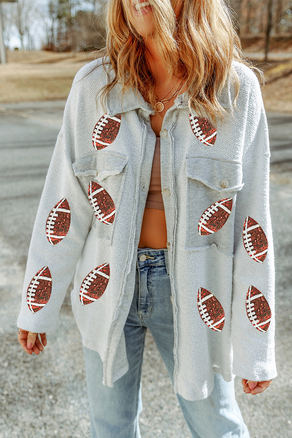 Gray Sequined Football Flap Pockets Buttoned Shacket