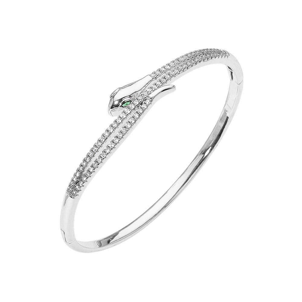 Stainless Steel Rhinestone Pave Sleek Snake Hinged Bangle Bracelet