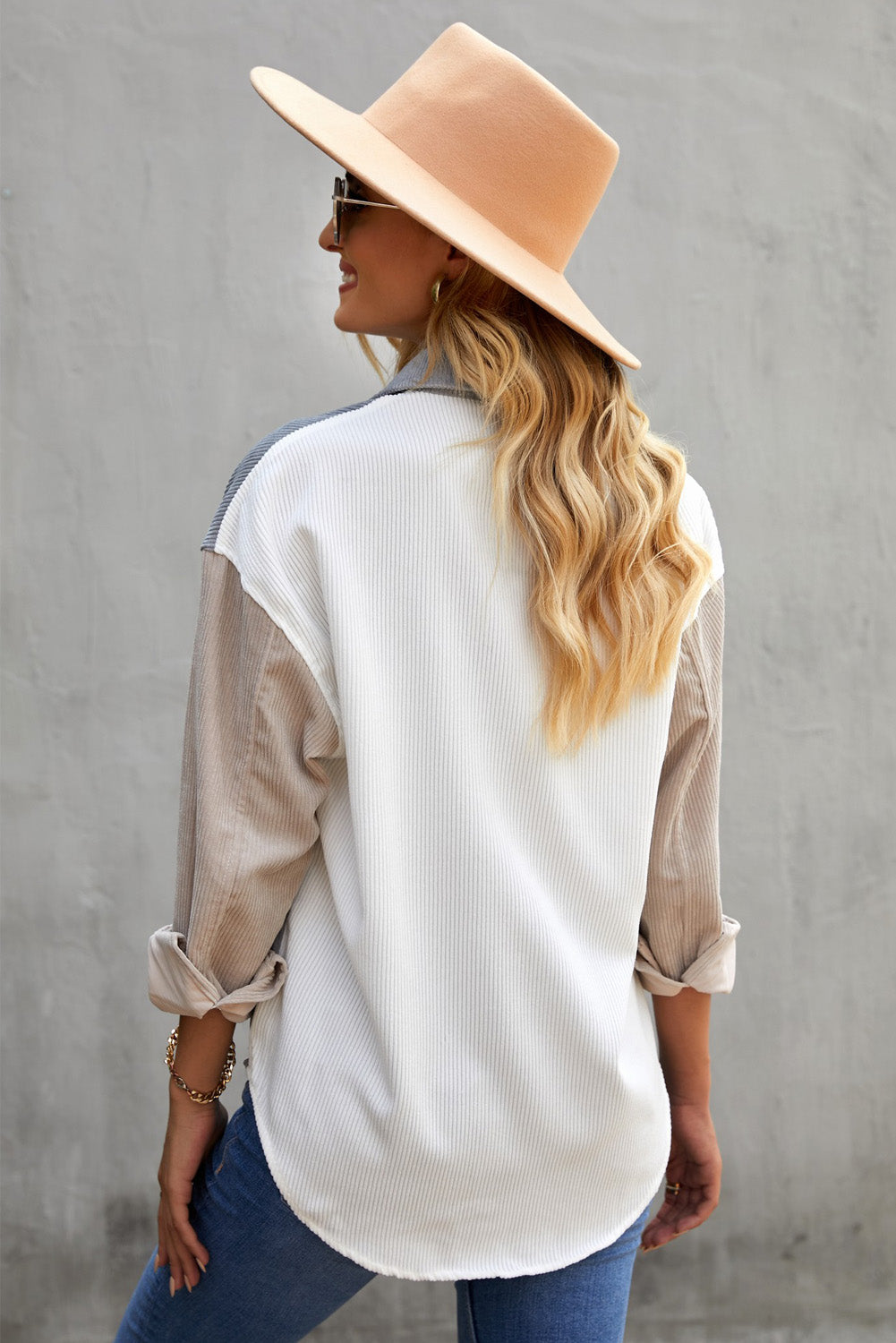 White Sequin Football Graphic Flap Pockets Corduroy Shacket