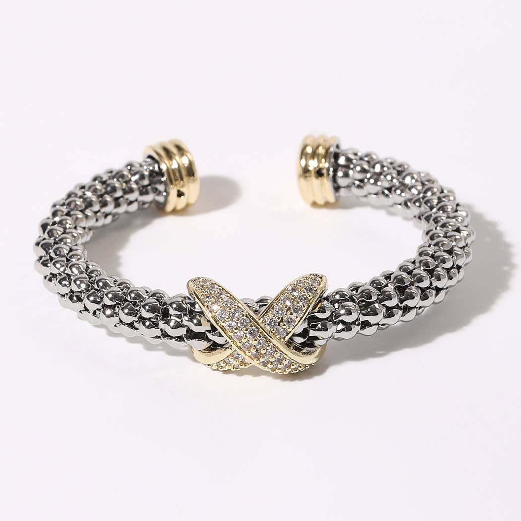 Pave Cross Bar Textured Cuff Bangle Bracelet