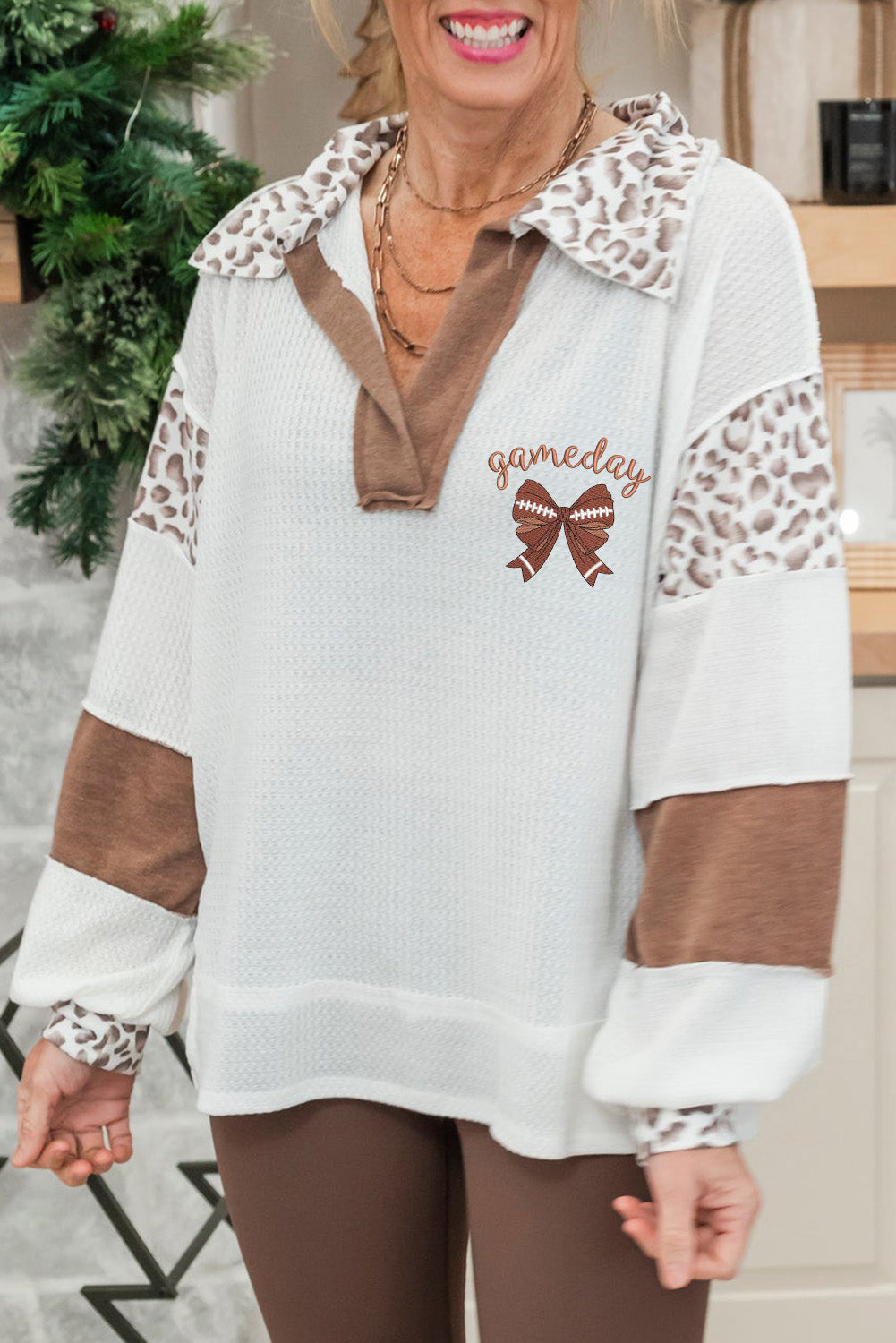 White Game Day Bow Embroidered Graphic Leopard Collar Color Block Patchwork Top
