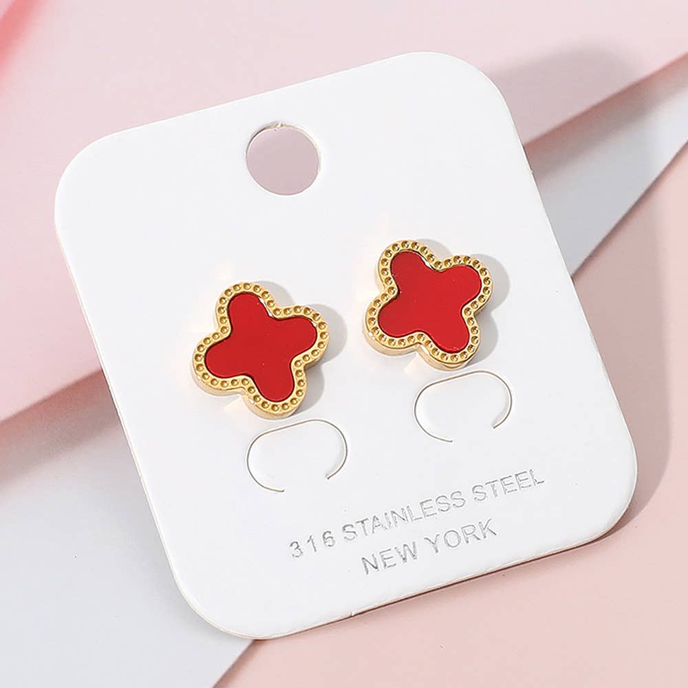 Stainless Steel Quatrefoil Stone Cluster Stud Earrings