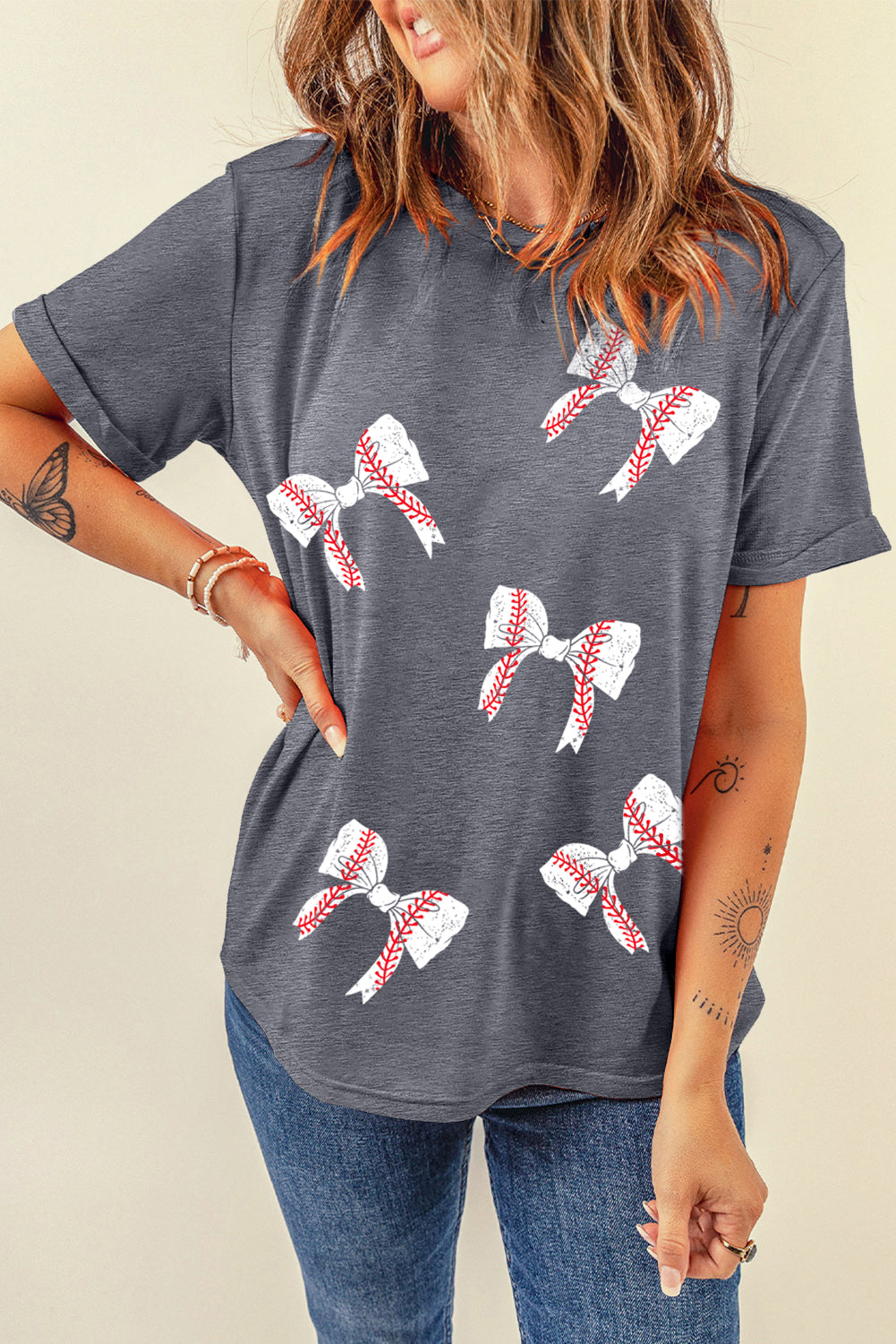 Gray Baseball Bow Knot Print Crewneck Casual T Shirt