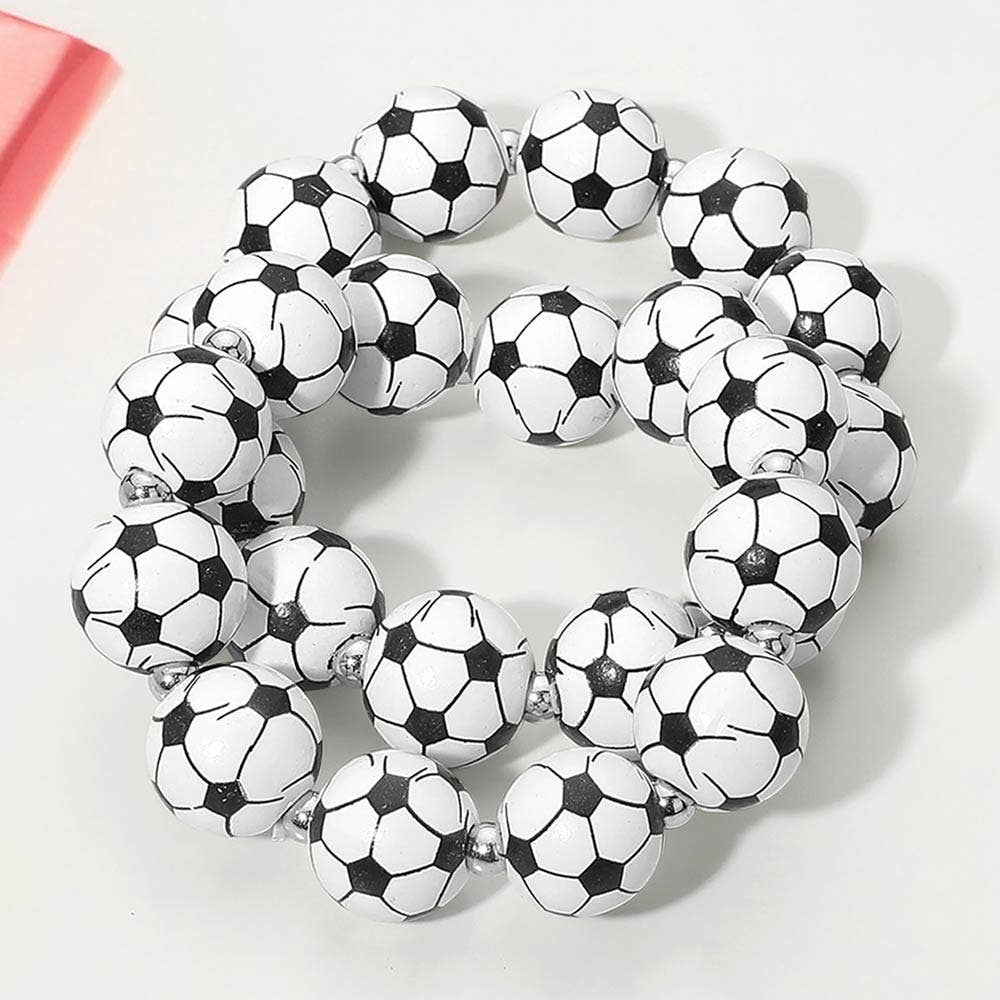 2PCS - Soccer Printed Beaded Stretch Bracelet