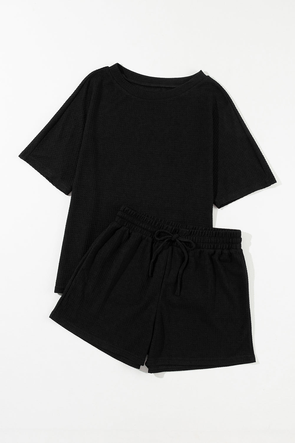 Black Casual Waffle Textured Tee and Drawstring Shorts Set