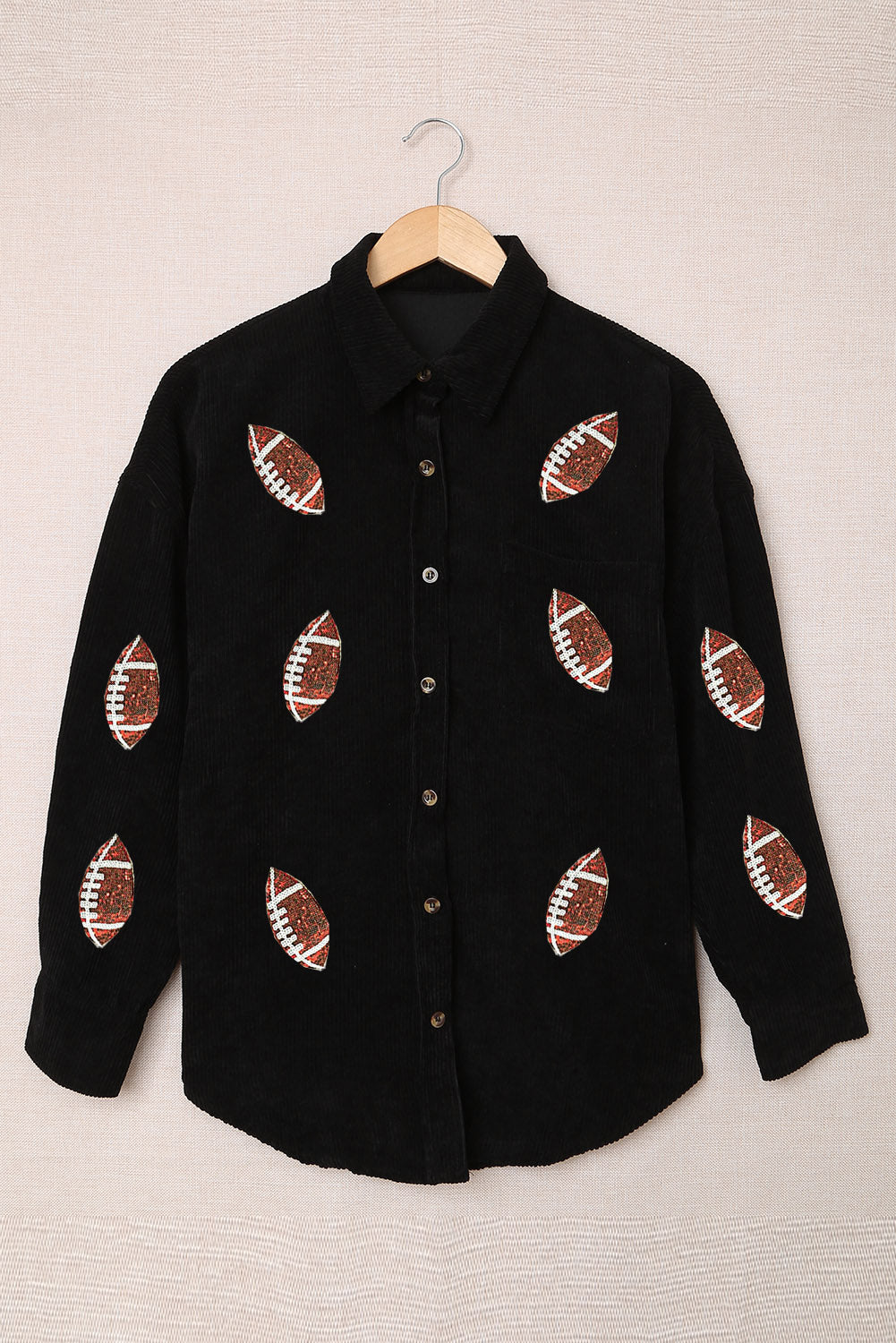 Black Sequin Football Pattern Buttoned Corduroy Shacket